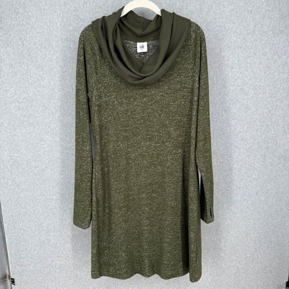 Cabi Solace Cowl Neck Sweater Mini Dress Size S Olive Green Long Sleeve Knit EUC
